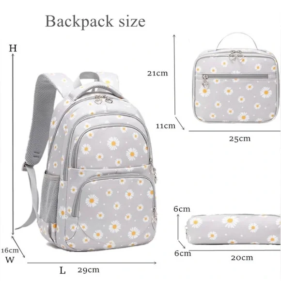 NWT 3Pcs Daisy Prints Backpack Bookbag set, AVAILABLE IN GREY AND BLACK
